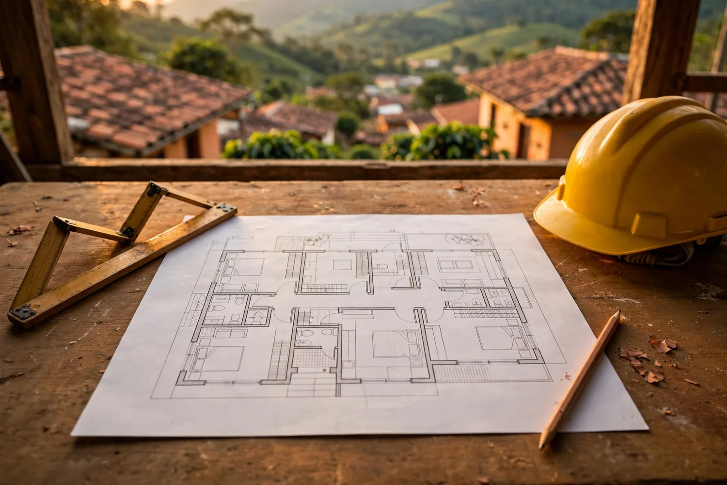 A floor plan on a work table