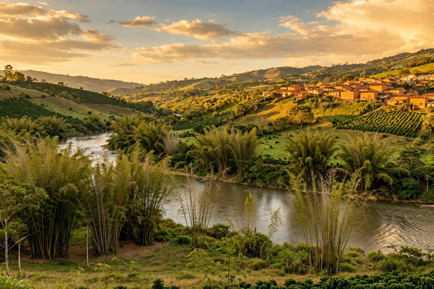 A green river valley with bamboo